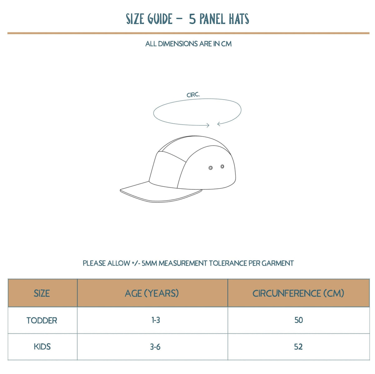 Kids and toddler corduroy 5 panel cap size chart - Stick Hunters