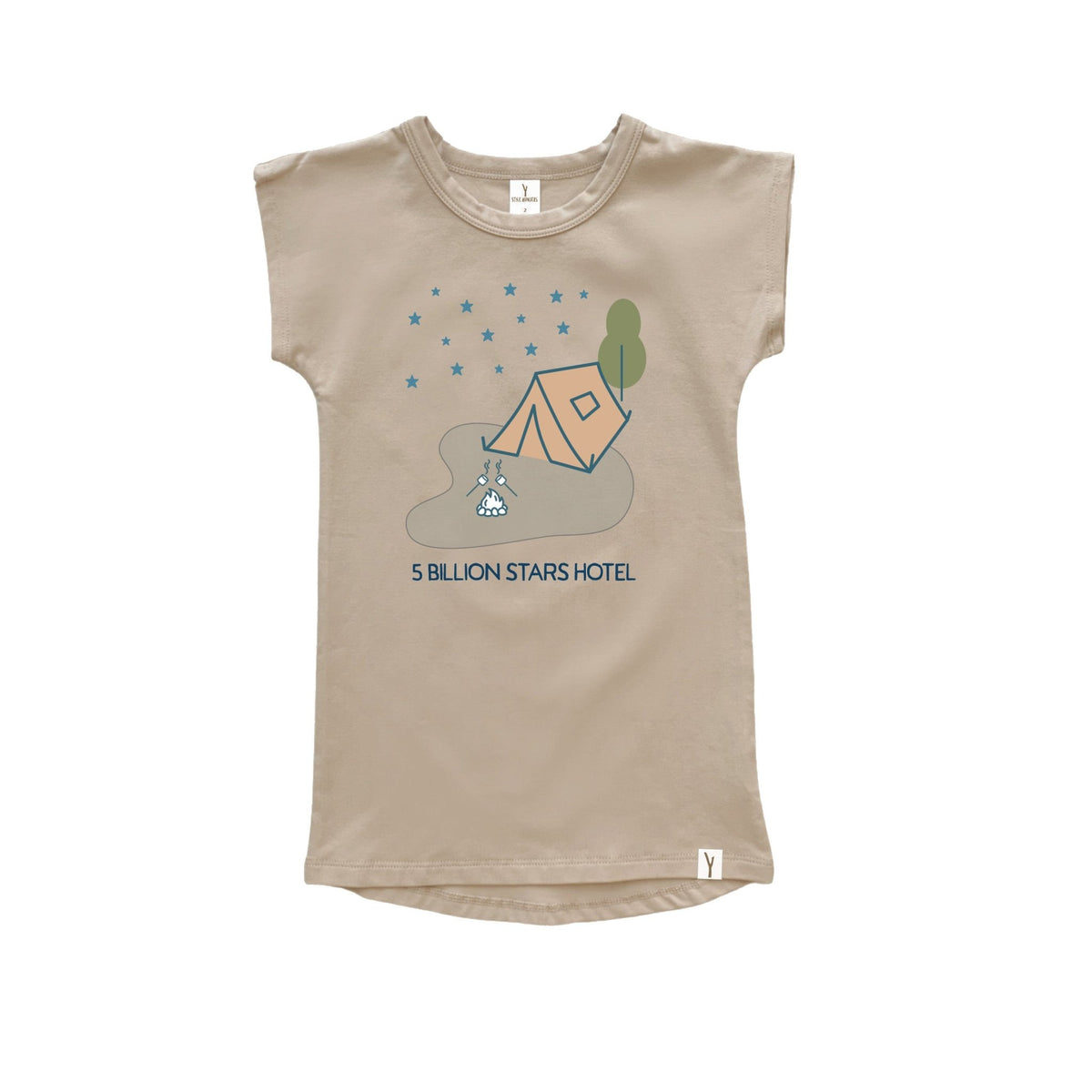 5 Billion Stars Hotel long t-shirt dress in sand with front graphic print - Stick Hunters