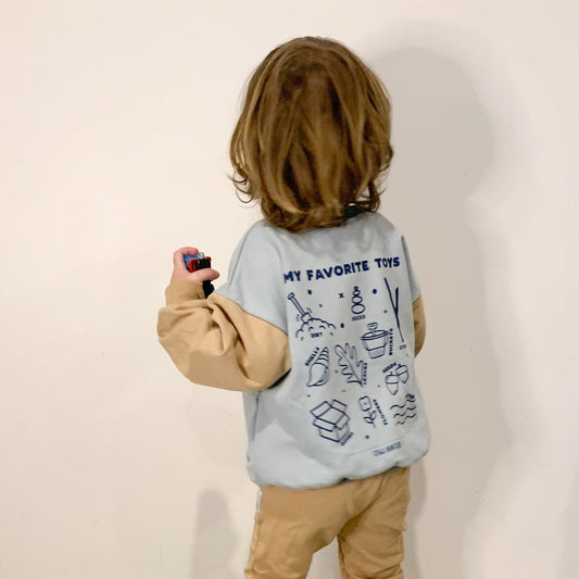 Favorite Toys blue kids sweatshirt with front graphic print - Stick Huntersu