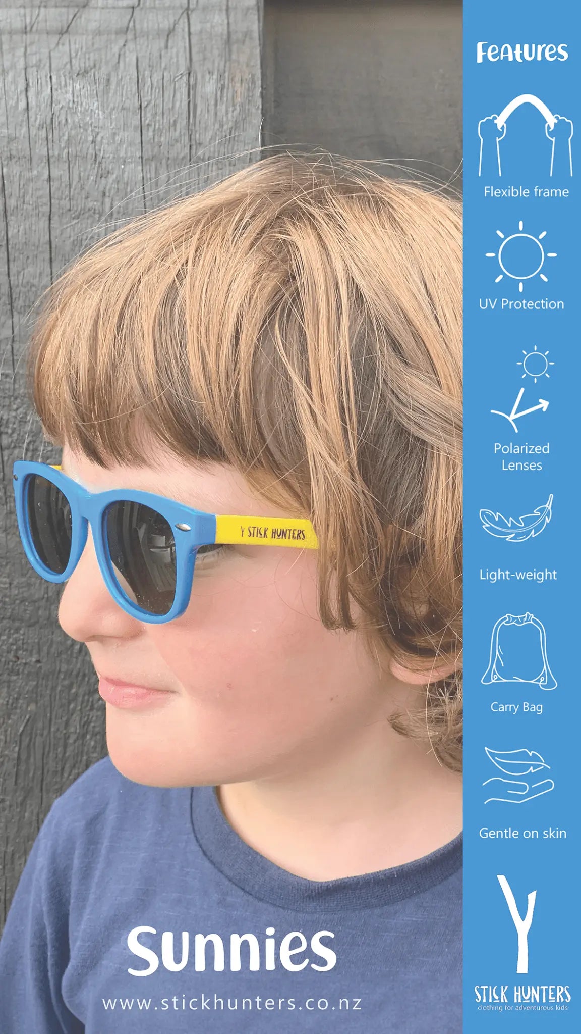 Flexible Toddler Sunglasses - Blue and Yellow - StickHunters.com.au