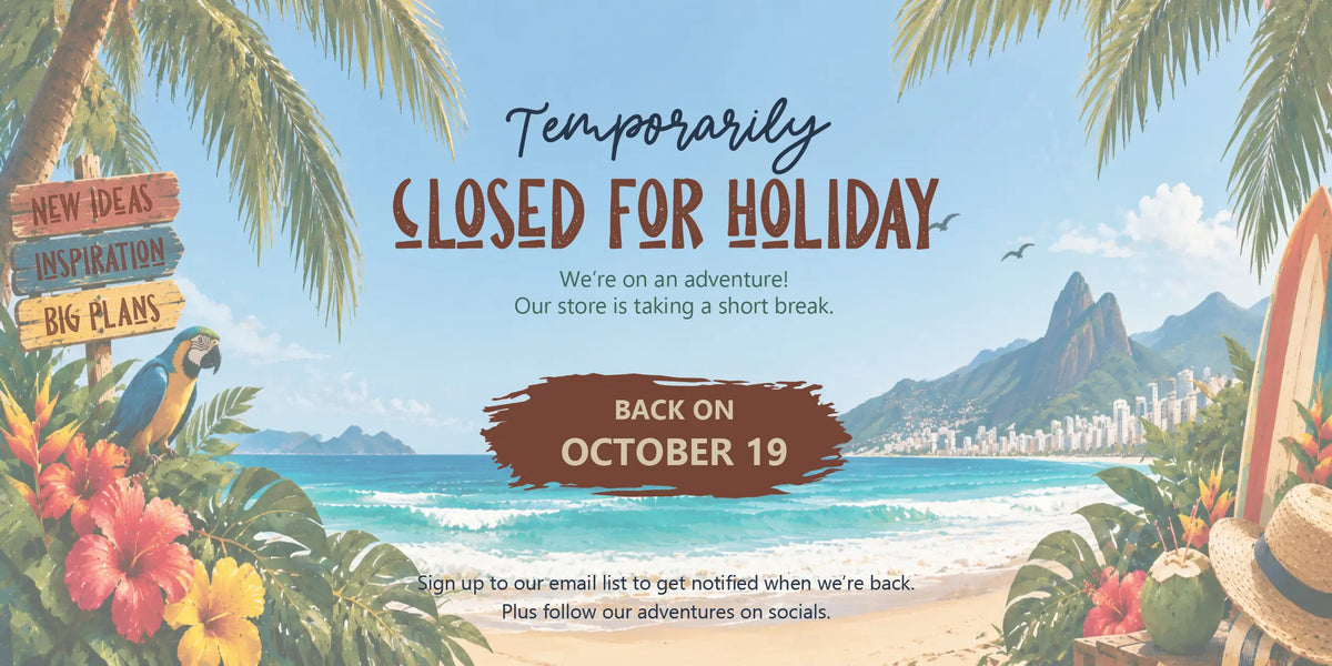 Background of a tropical beach with the text saying we are on a holiday, store back online October 19.