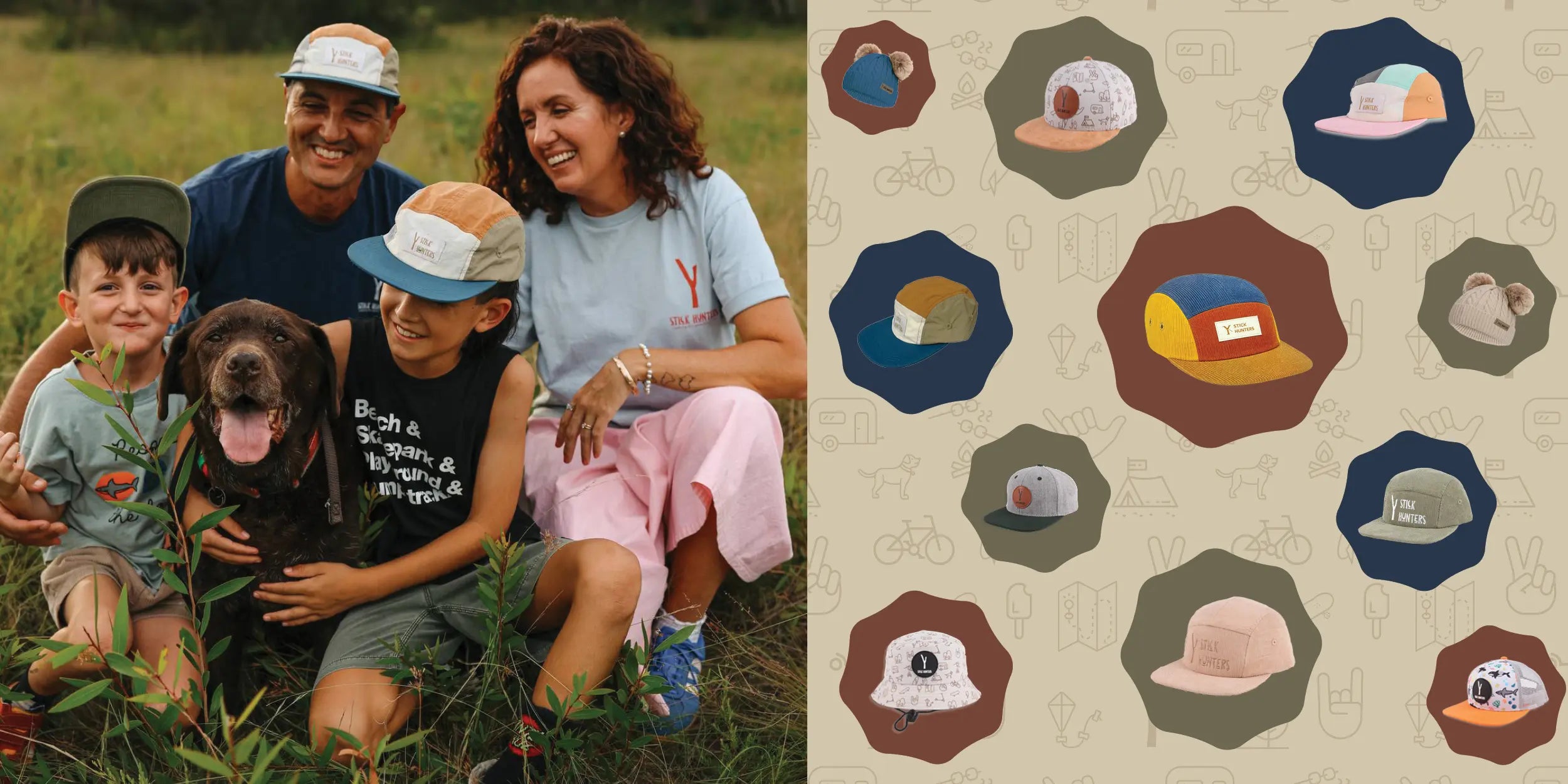 A family wearing Stick Hunters outfit and hats with their family dog. Images of the hats and beanies available online. Stick Hunters.